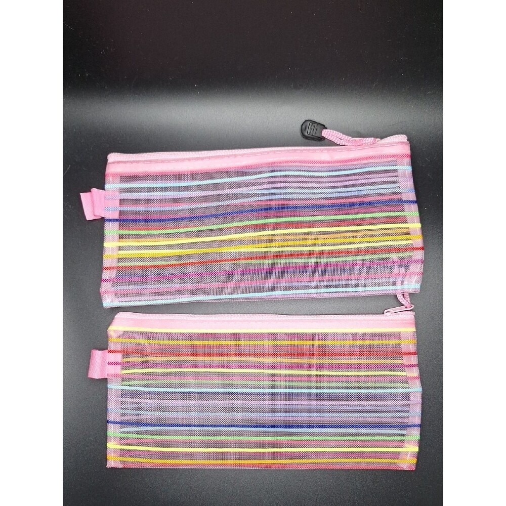 Pink Rainbow Stripe Mesh Pencil cosmetic Case - Brand